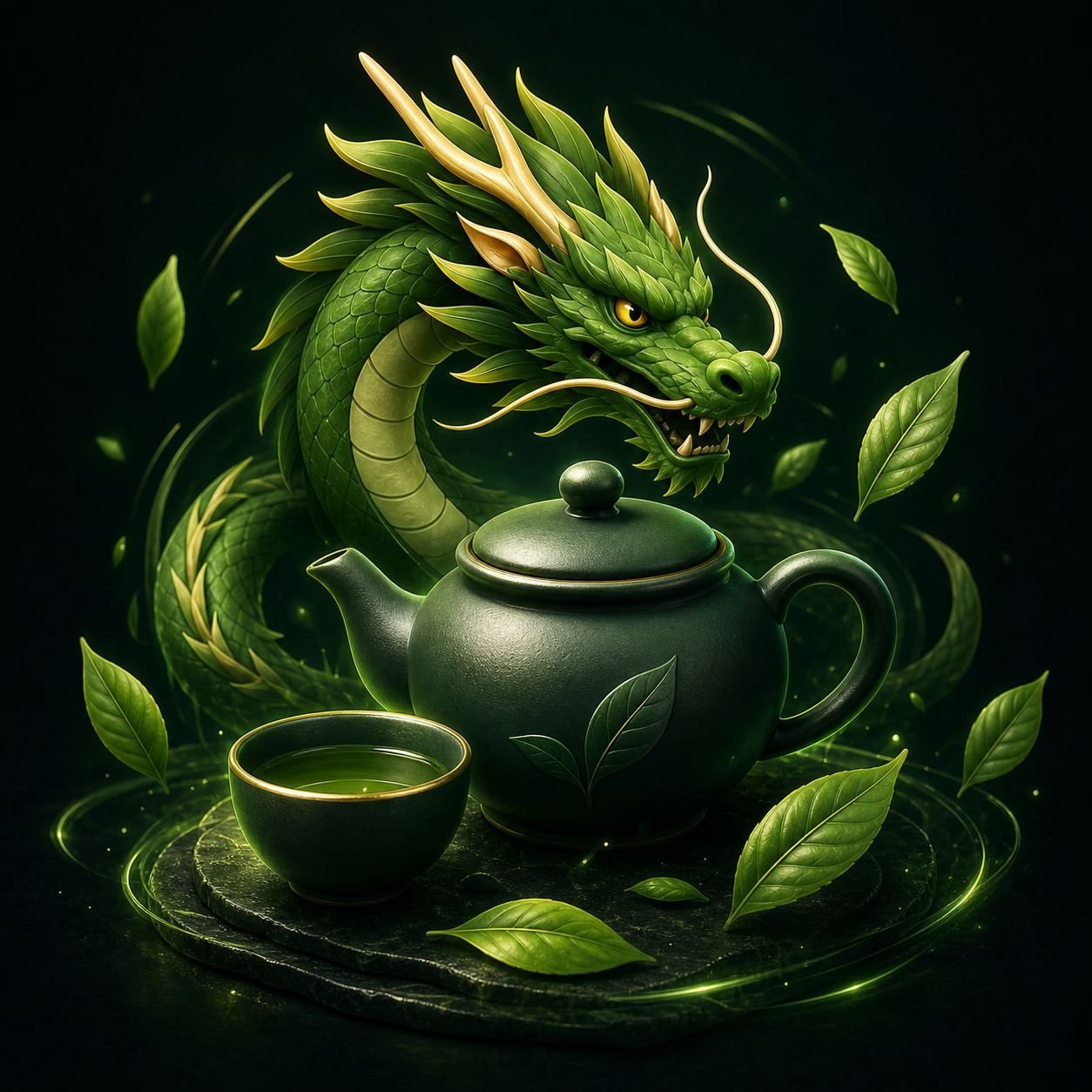 3D зеленый дракон, чайник и чайные листья Tea Investors Chat